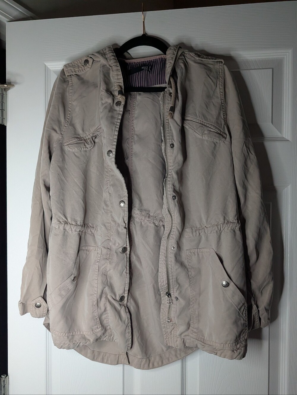 MAX Jeans Women’s Medium Tencel Hooded Utility Jacket Taupe Lightweight Parka